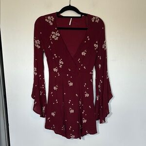 Free‎ People Bell Sleeve Boho Floral Embroidered Burgundy Long Sleeve Dress 2